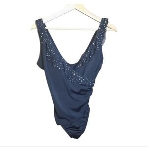 Longitude Womens Black One Piece Swimsuit With Sequined Ruffle Straps Size 10